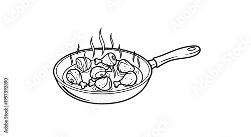 Black and white cartoon illustration of chicken legs cooking in a pan