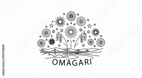 Artistic depiction of a festive bridge over water with fireworks above