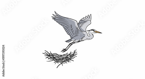 Artistic drawing of a grey heron taking flight from a nest
