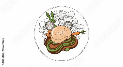Artistic illustration of a steak dinner with mushrooms, asparagus, and carrots on a plate