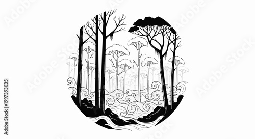 Black and white circular forest scene with swirling water below