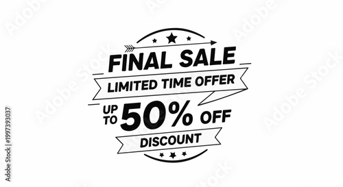Black and white circular graphic with sale text, offering a discount up to 50%