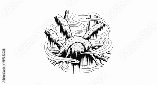 Artistic ink drawing of a hairy spider with flowing water elements