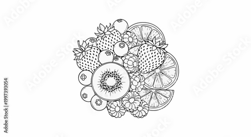 Artistic line drawing of assorted berries and citrus slices