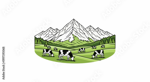 Black and white cows graze in a lush green pasture with mountains and trees