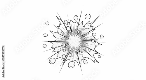 Black and white comic book style explosion with radiating lines and bubbles
