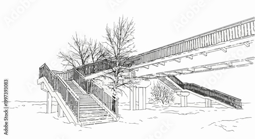 Black and white sketch of elevated walkways and staircases in a wintry setting