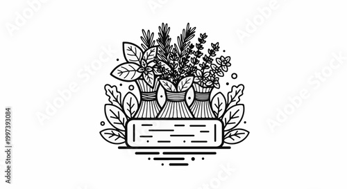 Artistic line drawing of three herb bunches with leaves and a decorative label