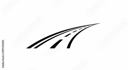 Black and white depiction of a curved road with dashed white lines