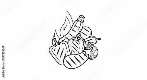 Assorted grilled vegetables with grill marks and abstract flames
