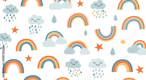 Adorable seamless pattern featuring smiling rain clouds, colorful rainbows, stars, and raindrops for nursery or kids room decor.