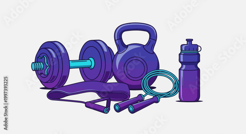 Assorted purple and teal exercise equipment including a dumbbell, kettlebell, resistance band, jump rope, and water bottle