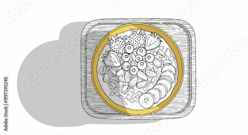 Artistic sketch of a healthy breakfast bowl with fruits and nuts