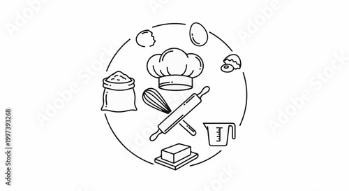 Artistic sketch of baking ingredients and tools arranged in a circle