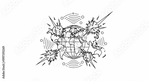 Abstract world map with exploding nodes and radiating waves