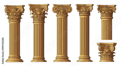 Collection of ornate classical architectural columns in golden tones inspired by ancient Greek and Roman stone pillars.