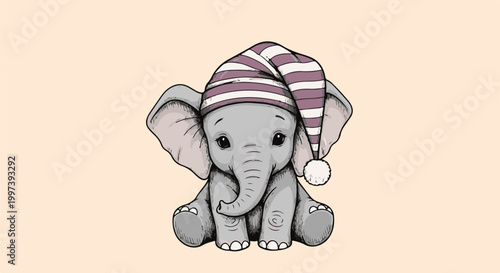 Adorable baby elephant wearing a striped sleep cap sits patiently