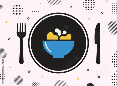 Flat vector illustration of a healthy cereal bowl with a fork and knife, set against a modern Memphis pattern background for food apps.