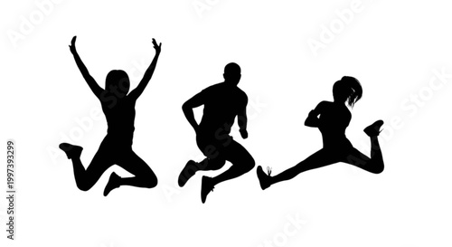 Three silhouettes jumping with joy