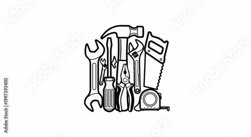Assorted black and white outline drawing of tools, including a hammer, saw, wrenches, and pliers