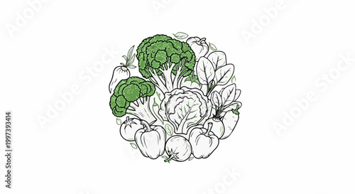Assortment of hand-drawn, green-hued vegetables arranged in a circular pattern