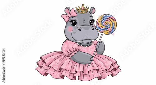 Adorable cartoon hippo wearing a pink tutu and crown holds a lollipop