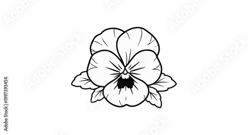 Black and white outline drawing of a single pansy flower with leaves