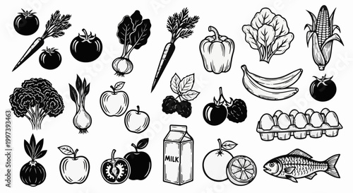 Assorted collection of fresh produce, fruits, dairy, and fish