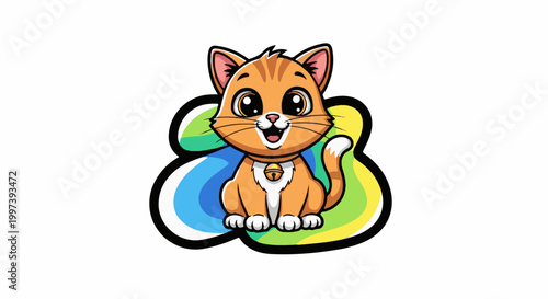 Adorable cartoon kitten with a bell around its neck, on a colorful background