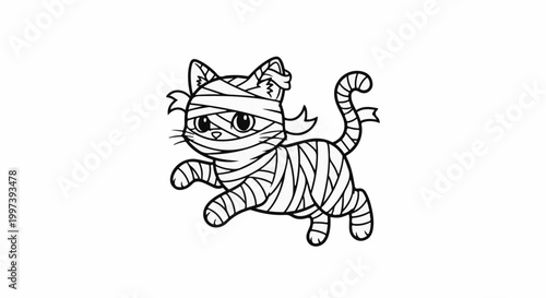 Adorable cartoon mummy cat character running on a white background
