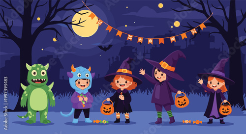 Spooky night time Halloween scene featuring kids in monster, devil, and witch costumes trick or treating in front of a moon.