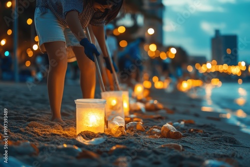 Volunteers cleaning a beach with lanterns at dusk