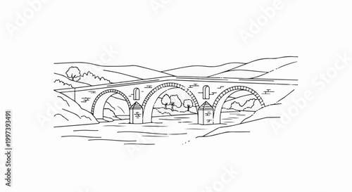 Ancient stone bridge with multiple arches spans across a flowing river in a scenic valley