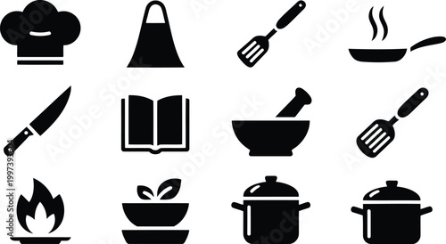 Modern culinary utensil icons collection for professional kitchen branding and restaurant menu design layout elements