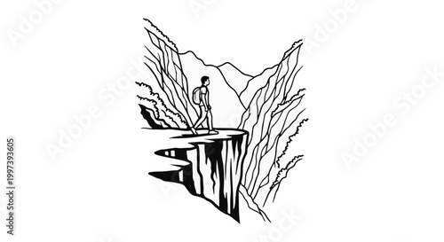 Adventurer stands on cliff edge overlooking vast mountain range