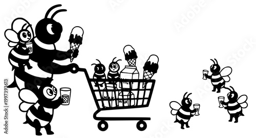 Funny black and white cartoon bee mother pushing a shopping cart filled with baby bees and groceries. Silhouette vector style illustration.