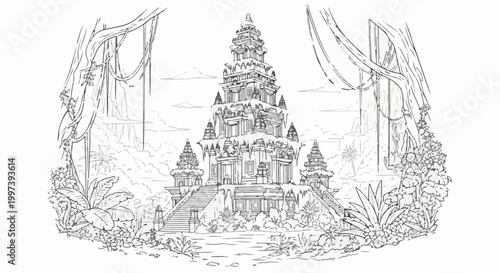 Ancient temple ruins overtaken by lush jungle foliage and hanging vines