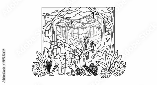 Adventurers trek through a dense jungle path surrounded by lush foliage