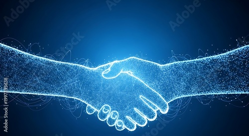 Digital handshake formed by glowing blue neon particles and lines, representing technology, business agreement, partnership, and digital connection.