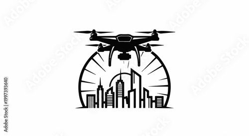 Aerial drone flying over modern city skyline within a circular design