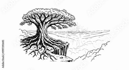 Ancient tree with exposed roots on cliff overlooking sunrise over water