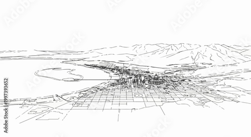 Aerial sketch of a city by a lake, with distant mountains under a clear sky