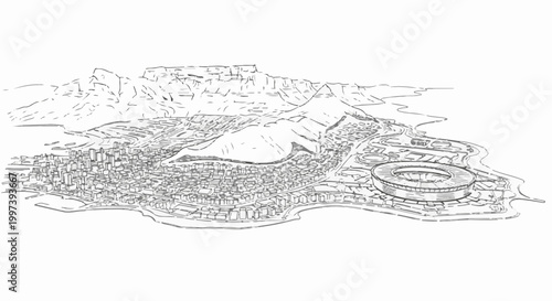 Aerial sketch of a coastal city nestled by mountains and a stadium