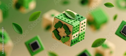 Modular blocks with recycling arrows and leaves symbolizing repairable innovation