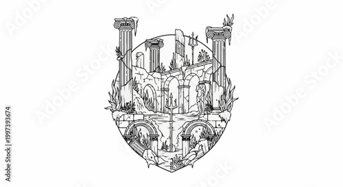 Ancient underwater ruins with statues, pillars, and trident