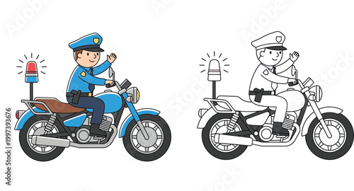 Cartoon Policeman Riding a Police Motorcycle with Siren and Waving Hand Set of Colorful and Black and White Outline Vector Illustration for Kids Coloring Page Activities