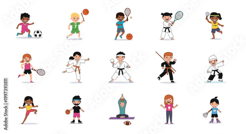 Extensive collection of diverse children happily participating in various sports like soccer, basketball, karate, and yoga.