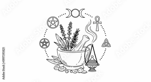 Alchemical symbols and herbs in a mortar and pestle, with smoke