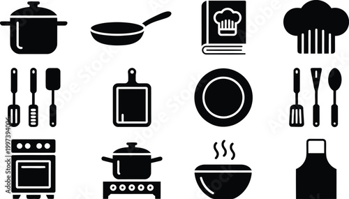 Modern kitchen equipment icons showing stoves cooking pans cutting boards chef hats and various culinary tools set
