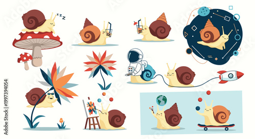 Whimsical collection of cartoon snails in fun scenarios including an astronaut, a painter, a juggler, and one drinking boba.
